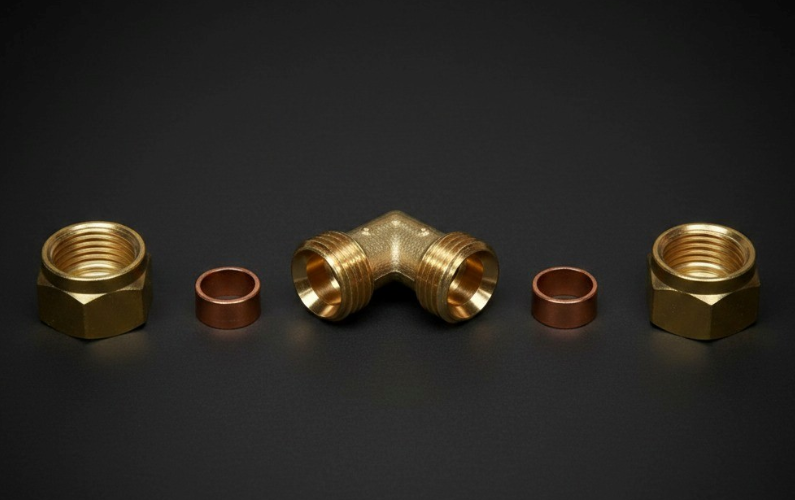 Brass 90° Compression Elbow Fitting with Nuts & Copper Ferrules