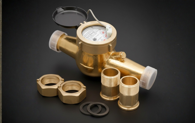 Brass Water Meter Body with Union Nuts & Tailpiece Connectors