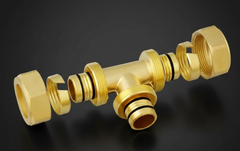 Brass Compression Tee Fitting with Union Nuts & O-Ring Seal